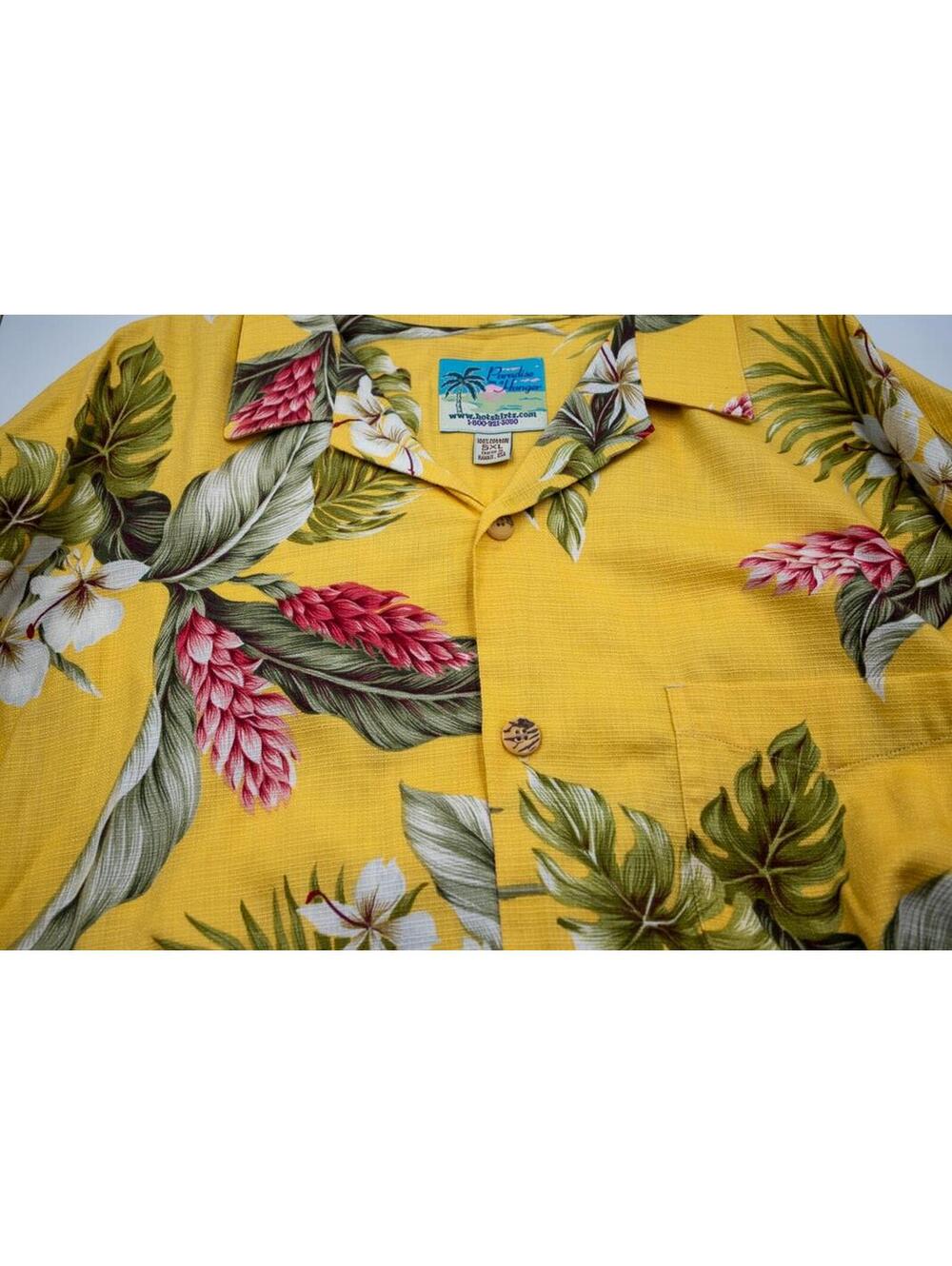 VTG Paradise on a Hanger Yellow With Pink Flowers Cotton Hawaiian Camp Shirt 5XL
